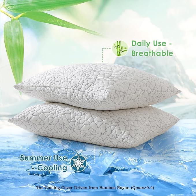 Cooling Shredded Memory Foam Pillow Queen Size Set of 2- Removable Bamboo Rayon Cover + Extra Gel Foam, 100% Adjustable for Back/Side/Stomach Sleepers, Oeko&CertiPUR-US Standard
