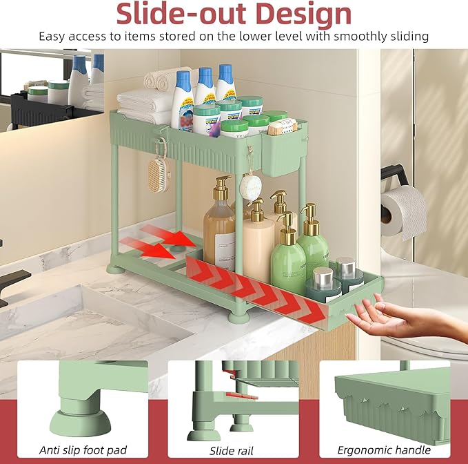 Under Sink Organizer, Bathroom Organizers and Storage, 2 Tier Multi-Use Pull Out Cabinet Organizer with Hang Hooks and Cups (Green, 4 Pack)