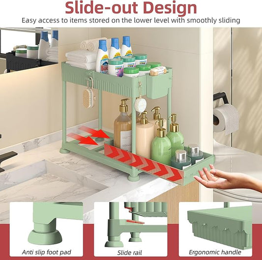 Under Sink Organizer, Bathroom Organizers and Storage, 2 Tier Multi-Use Pull Out Cabinet Organizer with Hang Hooks and Cups (Green, 4 Pack)