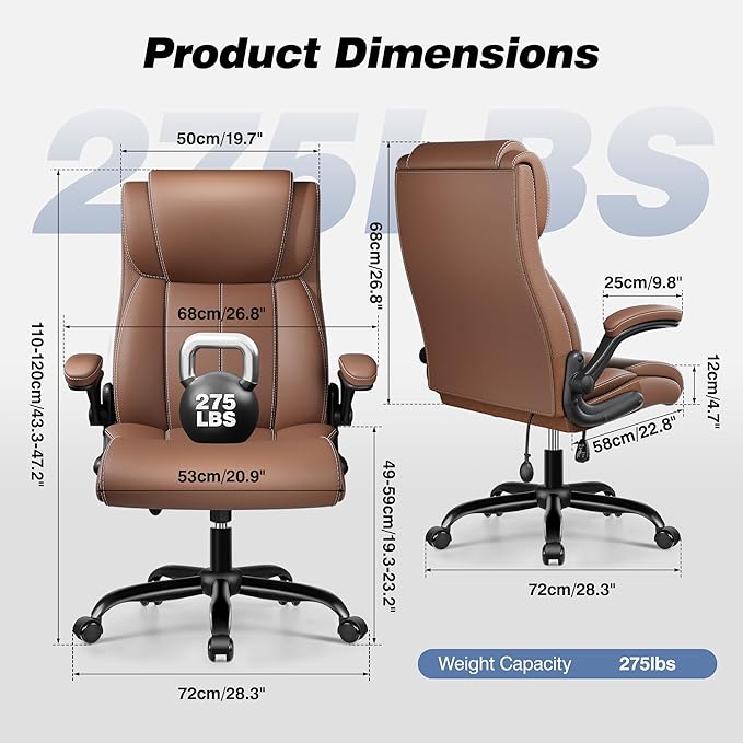 Ergonomic Office Chair - Home Desk Computer Chair, Leather High Back Executive Chairs with Adjustable Lumbar Support & Flip-up Arms, Rocking Swivel Comfy, Brown