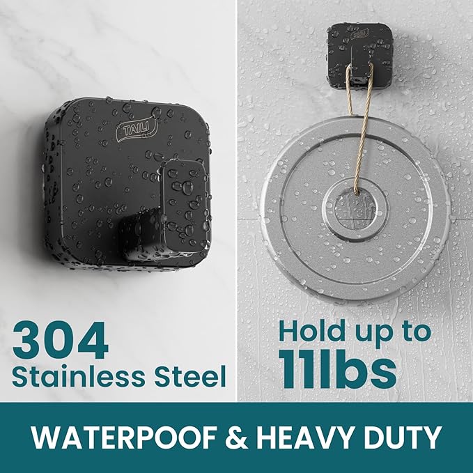 TAILI Thickened 304 Stainless Steel Bathroom Suction Hook for Towel, Loofah, Bathrobe, Patented Strong Suction Cup Holder, Damage-Free Hanging Glass Shower Wall Hook, Hold Up to 11 Lbs, 2 Pack, Black