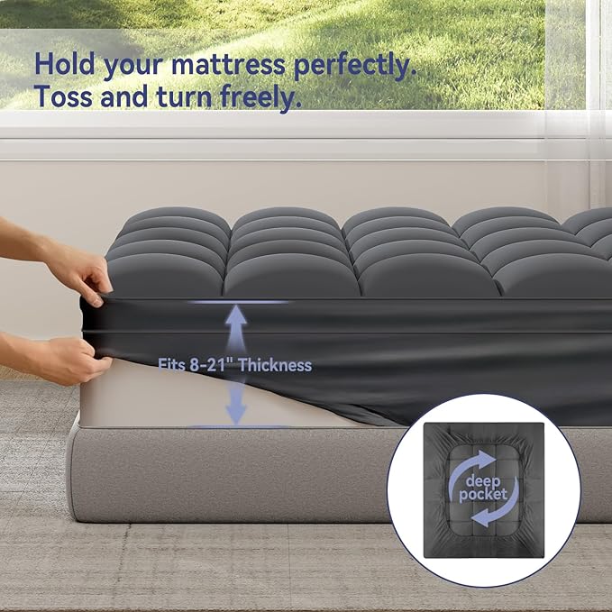 ELEMUSE RV Short Queen Grey Mattress Topper for Back Pain, Extra Thick Mattress Pad Cover, Plush Soft Pillowtop with Elastic Deep Pocket, Overfilled Down Alternative Filling