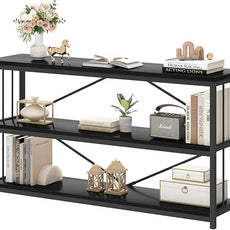 HSH Black Horizontal Bookcase, Metal and Wood Low Bookshelves with 3 Tier Shelf for Home Office, Modern Wooden Wide Open Etagere Bookcase with Storage for Bedroom Living Room, Black Oak, 55 Inch