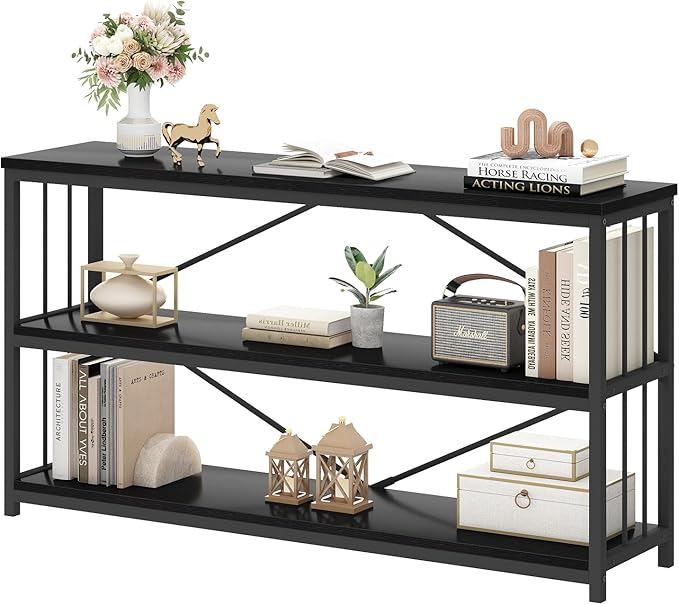 HSH Black Horizontal Bookcase, Metal and Wood Low Bookshelves with 3 Tier Shelf for Home Office, Modern Wooden Wide Open Etagere Bookcase with Storage for Bedroom Living Room, Black Oak, 55 Inch