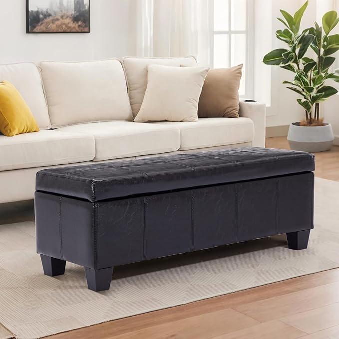 Faux Leather Storage Ottoman Bench with Hinged Lid,42 Inch Large Rectangular Footrest Stool for Bedroom End of Bed, Entryway and Living Room, Padded Seat Shoe Bench, Black