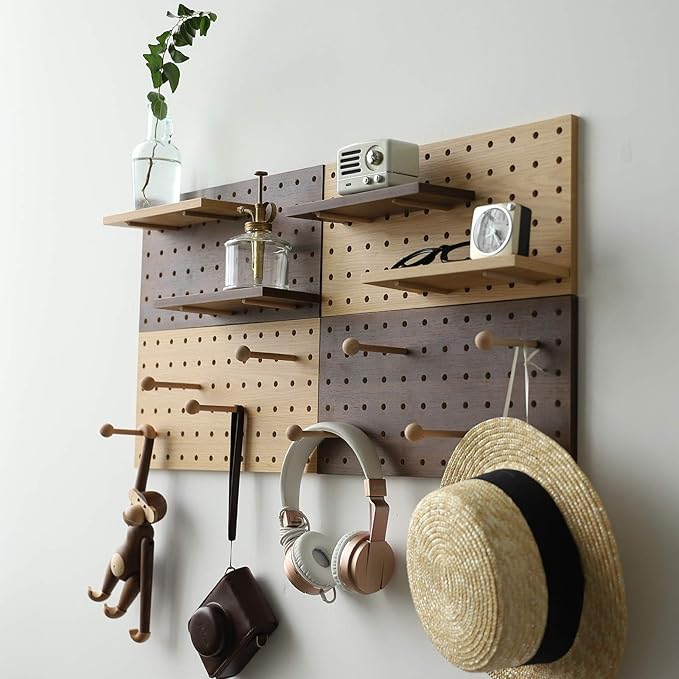 Wooden Pegboard Modular Display Organization Storage Wall Hooks Shelf(Color：Walnut)