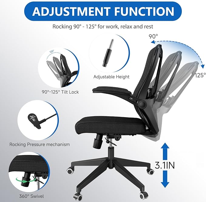 poki Mesh Office Chair, Home Office Desk Chair with Wheels, Ergonomic Office Chair with Lumbar Support and Adjustable Headrest, Comfortable Study and Desk Chair, Black (Black)