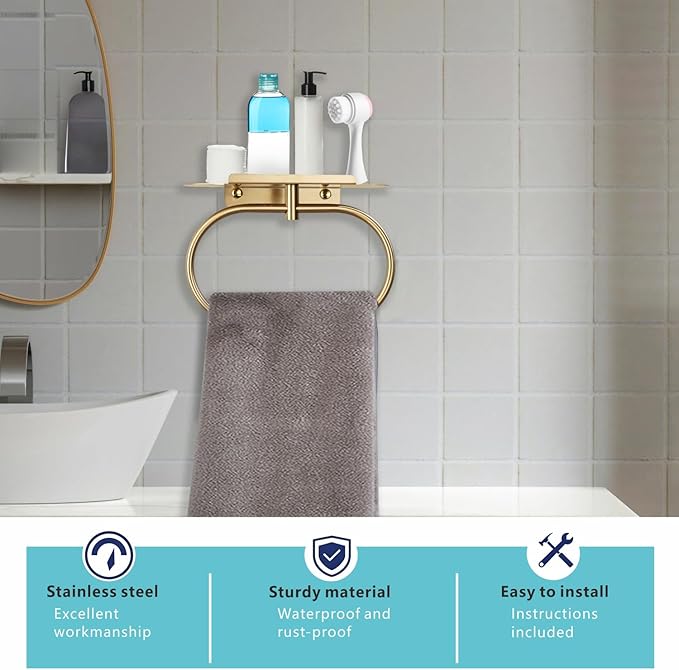 Towel Ring with Shelf, Heavy Duty Stainless Steel Bathroom Hardware, Adhesive No-Drill or Drill Mount Wall Mounted Towel Holder for Bathroom and Kitchen (Gold)
