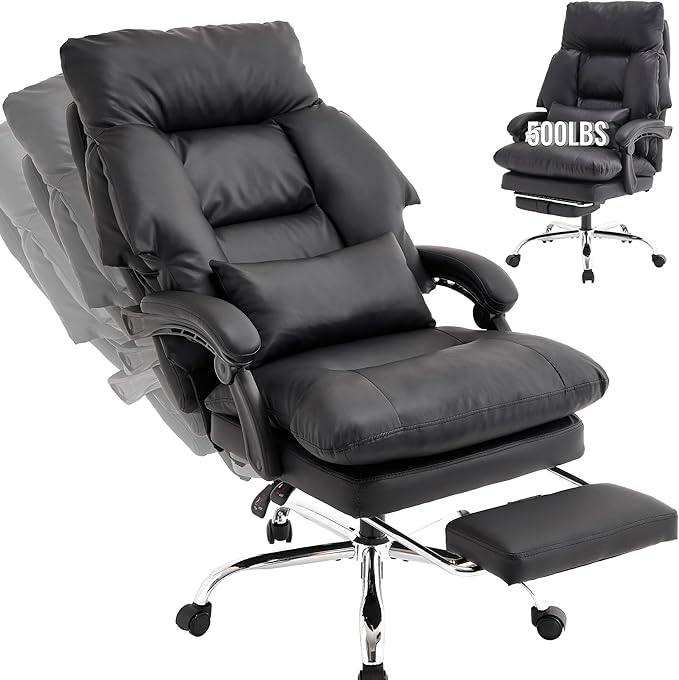 Office Chair with Footrest 500lbs,Reclining Leather Computer Chair for Heavy People, Big and Tall Comfy Executive Desk Chair with Lumbar Support & Pillow .High Back Black
