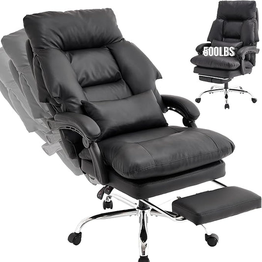 Office Chair with Footrest 500lbs,Reclining Leather Computer Chair for Heavy People, Big and Tall Comfy Executive Desk Chair with Lumbar Support & Pillow .High Back Black