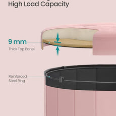 SONGMICS Mazie Collection - Round Storage Ottoman, Folding Footrest Stool with Removable Lid, Easy Assembly, Velvet Vanity Stool for Bedroom, Living Room, Entryway, Jelly Pink ULSF608R01