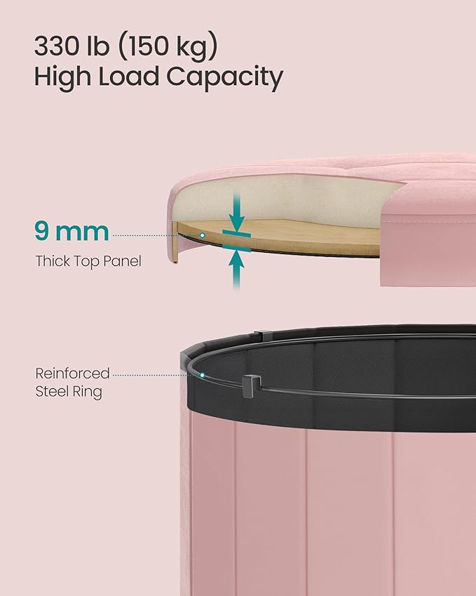 SONGMICS Mazie Collection - Round Storage Ottoman, Folding Footrest Stool with Removable Lid, Easy Assembly, Velvet Vanity Stool for Bedroom, Living Room, Entryway, Jelly Pink ULSF608R01