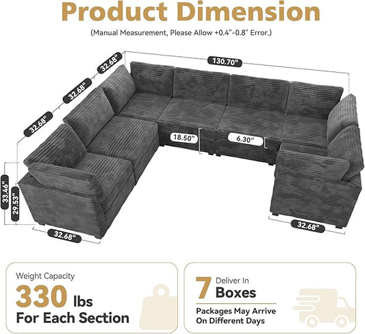 Large 7 Seat Modular Sectional Sofa with Ottoman Seat Corduroy Sleeper Sectional Sofa Bed Oversized Convertible Modular Couch for Living Room