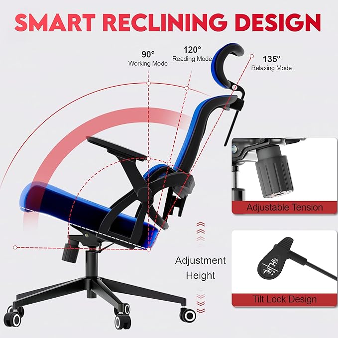Ergonomic Office Chair - 400LB Comfy Desk Chairs with Adjustable Headrest and Lumbar Back Support, Mesh Computer Chairs with Wheels and Arms for Home Office, Study