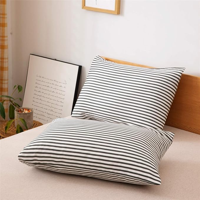 JELLYMONI 100% Natural Cotton 3pcs Striped Duvet Cover Sets,White Duvet Cover with Dark Grey Stripes Pattern Printed Comforter Cover,with Zipper Closure & Corner Ties(Queen Size)