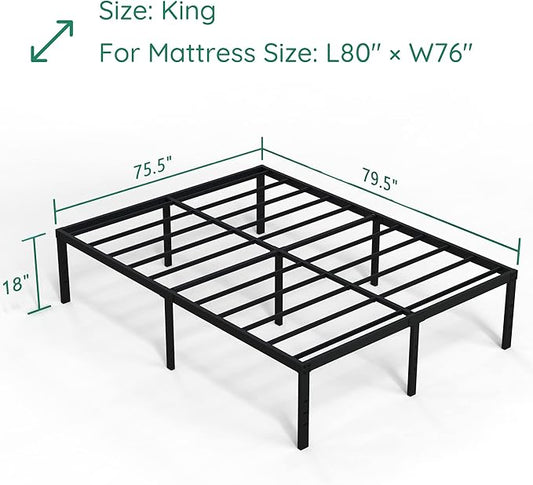 18 Inch King Bed Frame Heavy Duty Metal Platform No Box Spring Needed, Maximum Storage, Easy Assembly, No Noise, Black