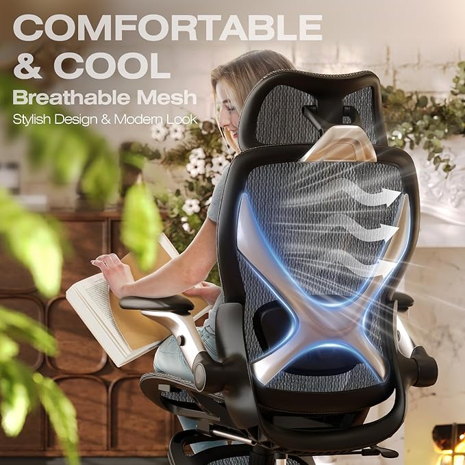 ELABEST X100 Ergonomic Mesh Office Chair with Footrest, Big and Tall Hone Desk Chair with 5D Flip-Up Arms, Adjustable 3D Lumbar Support,Gaming & Executive Computer Chairs for Long Hours(Midnight Mist)