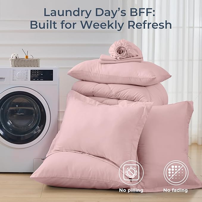 HEVUMYI Dusty Pink Full Comforter Set - 7-Piece All Season Bed in a Bag Full, Ultra Soft Bedding Set with Comforter, Flat Sheet, Fitted Sheet, Pillowcases, Pillow Shams