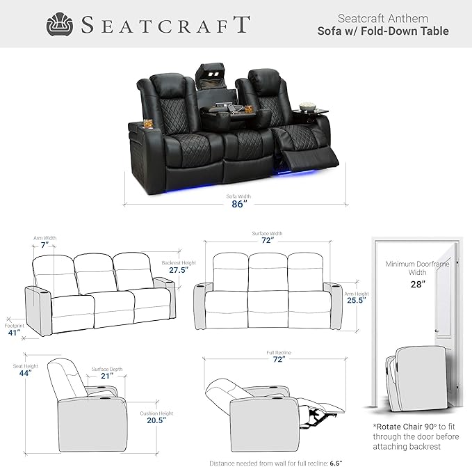 Seatcraft Anthem Home Theater Seating - Italian Leather - Power Recline Sofa - Fold-Down Table - Powered Headrests - Arm Storage - USB Charging - Cup Holders, Black