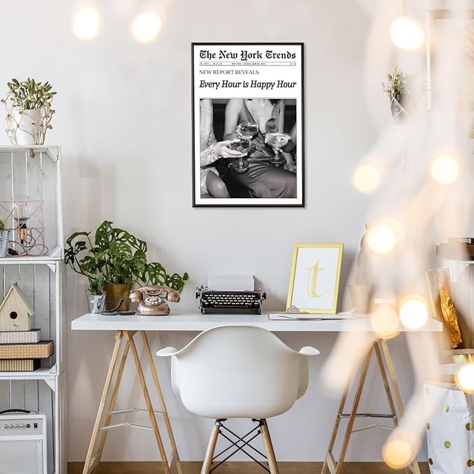 Retro New York Trends Wall Art Black and White Newspaper Poster Every Hour Is Happy Hour Canvas Prints Funky Feminist Posters Trendy Alcohol Wall Decor for Bar Cart Hot Girl Dorm Room Decorative 16x24inch black framed