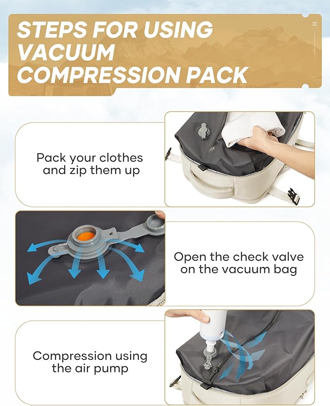 Vacuum Travel Backpack with Electric Vacpack Pump for Women, 40L Expandable Vacuum Compression Bags Personal Item Backpacks Flight Approved Traveling Carry on Suitcase Luggage, Beige