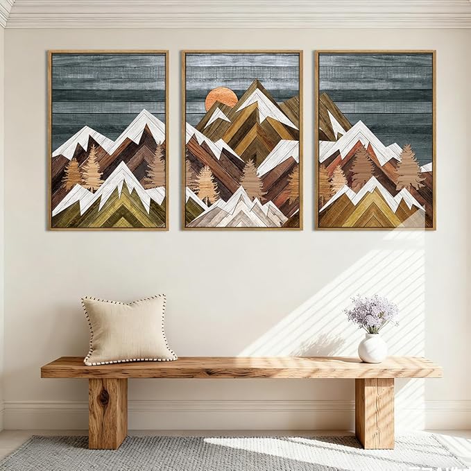 BINCUE Rustic Mountain Canvas Wall Picture Framed Wall Art for Office Living Room Bedroom 16x24 Inches Set of 3