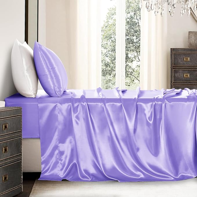 Satin Sheets Twin Size - 3 Pieces Luxury Silky Soft Bed Sheets for Kids, Wrinkle-Free Lavender Satin Silk Sheet Set with 1 Deep Pocket Fitted Sheet, 1 Flat Sheet, 1 Pillow case