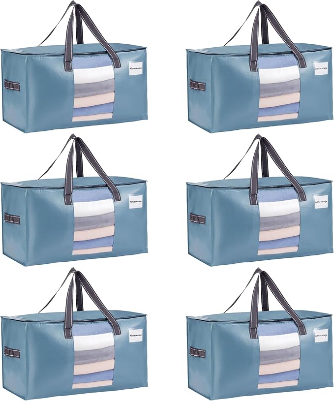 VENO 6 Pack Moving Bags, Christmas Storage Bins, Moving Boxes Alternative, Comforter and Blanket Storage Bags, College Dorm Packing Supplies, Foldable Heavy-Duty Tote (Shiny Light Blue, 6 Pack)