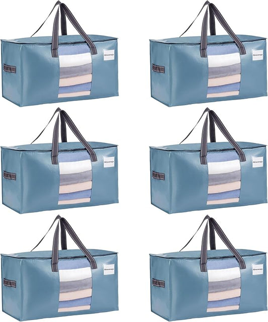 VENO 6 Pack Moving Bags, Christmas Storage Bins, Moving Boxes Alternative, Comforter and Blanket Storage Bags, College Dorm Packing Supplies, Foldable Heavy-Duty Tote (Shiny Light Blue, 6 Pack)