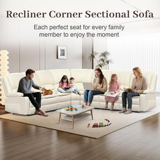 Manual Reclining Sectional Sofa Set, 7 Seats Soft Leather Recliner Corner Sectional Couch, Family-Sized L-Shaped Recliner Couch with USB Charging, Thickened Padding, Sturdy Frame, White