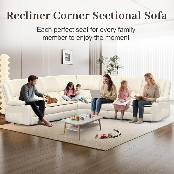 Manual Reclining Sectional Sofa Set, 7 Seats Soft Leather Recliner Corner Sectional Couch, Family-Sized L-Shaped Recliner Couch with USB Charging, Thickened Padding, Sturdy Frame, White