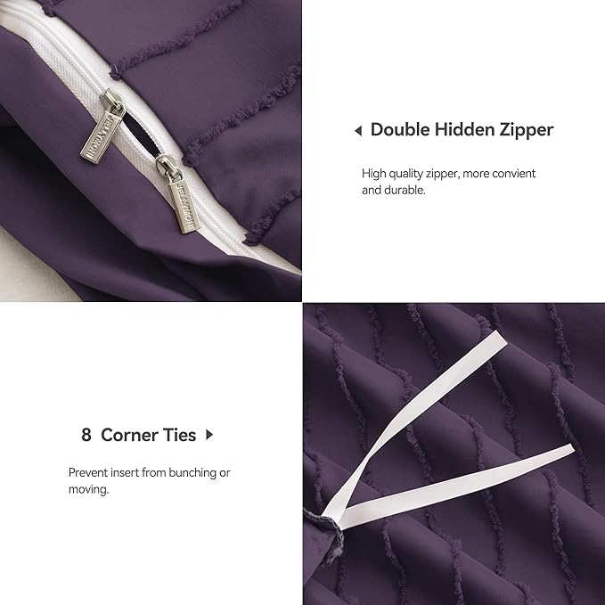 JELLYMONI Duvet Cover King Size Purple - 3PCS Boho Striped Duvet Cover Set Polyester Tufted Bohemian Textured Comforter Cover 104×90in with Corner Ties & Zipper and 2 Pillowcases