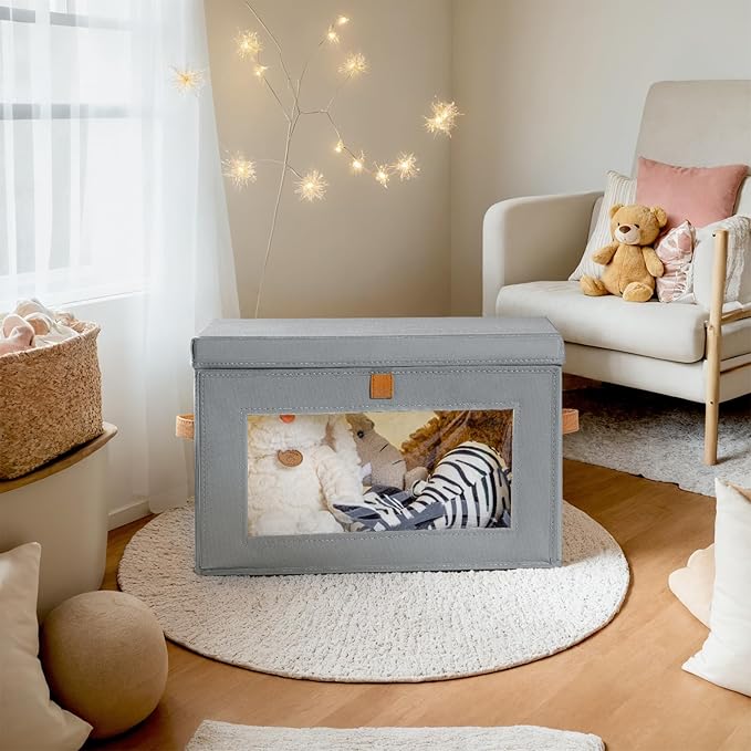 Large Closet Storage Bins - Collapsible Storage Bins with Handles & Window, Fabric Cube Organizer with Lids, Decorative Boxes for Living Room, Closet, Dorm, 8 Pack, Grey