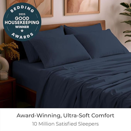 Mellanni Full Sheet Set - 6-Piece Iconic Collection Bedding, (Including 4 Pillowcases), 16-Inch Deep Pocket, Easy Care, Extra Soft, Cooling Sheets, Brushed Microfiber - Navy Blue
