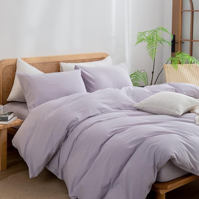 BESTOUCH Duvet Cover Set 100% Washed Cotton Linen Feel Super Soft Comfortable Chic Lightweight 3 PCs Home Bedding Set Solid Taro Purple Oversized Queen