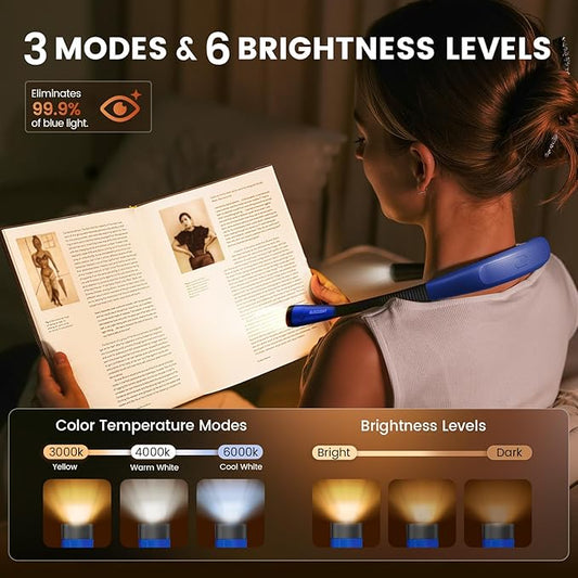 Glocusent Book Light, 3-Color & 6-Brightness Reading Light, Bendable Neck Light, 80-hr Lasting Rechargeable Book Light, Perfect Reading Lights for Books in Bed, Knitting, Repairing, Book Lovers Gifts