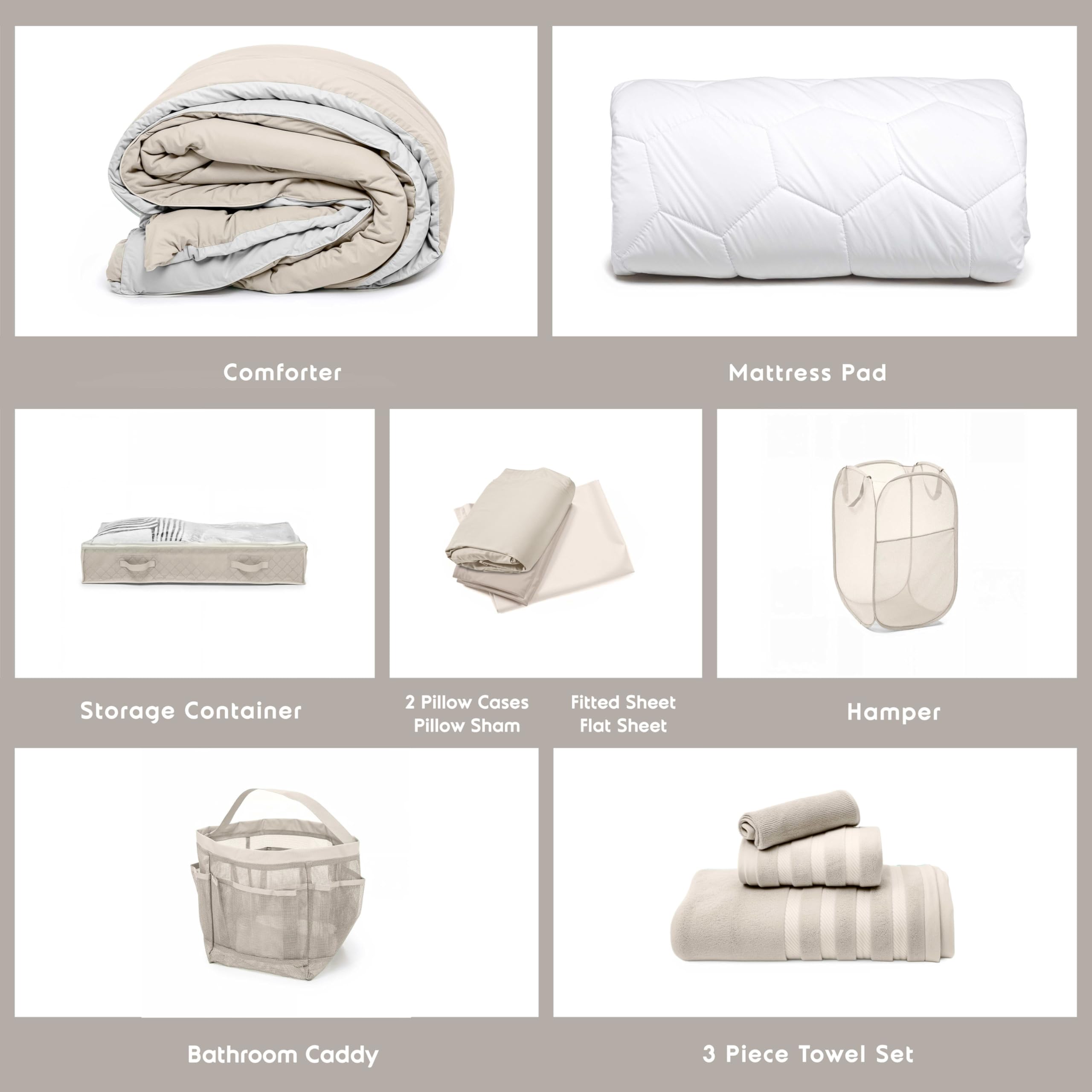 Hearth & Harbor Complete Dorm Room Set, Twin XL Comforter Set, Sheet Set, Mattress Protector, Towels and Organizers - All Dorm Accessories Included Dormly