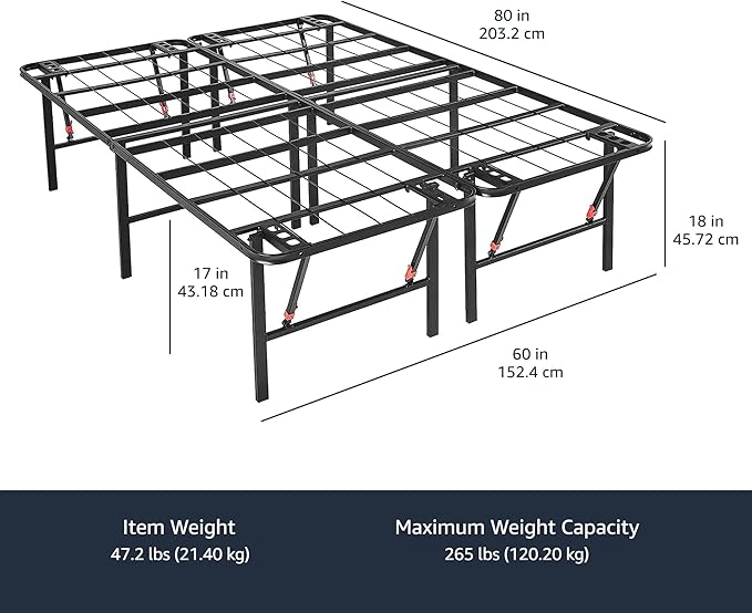 Amazon Basics Bed Frame with Storage, Foldable Metal Platform, Sturdy Steel, No Box Spring Needed, 18 Inches High, Tool-Free Setup, Queen Size, Black