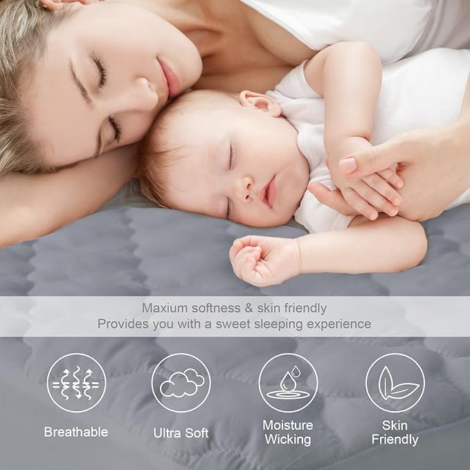 King Mattress Protector Pad Waterproof Quilted, Breathable & Cooling King Size Mattresses Cover Protector Fitted with Deep Pocket Up to 18", (Gray)