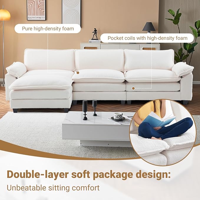 VINGLI 122" Cloud Teddy White Convertible Sectional Sofa, Comfy L-Shape Extra Deep Seat Sofa Couch for Living Room,Modern Chenille 3-Seat Convertible Sofa with Movable Ottoman for Small Space