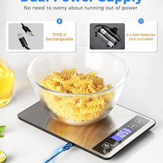 Food Scale - 15kg/33lb Rechargeable Digital Kitchen Scale with Full-View LCD Display, Grams and Ounces, Type-C or Batteries (Not Inc.), Easy Clean Stainless Steel, for Baking, Cooking, Black