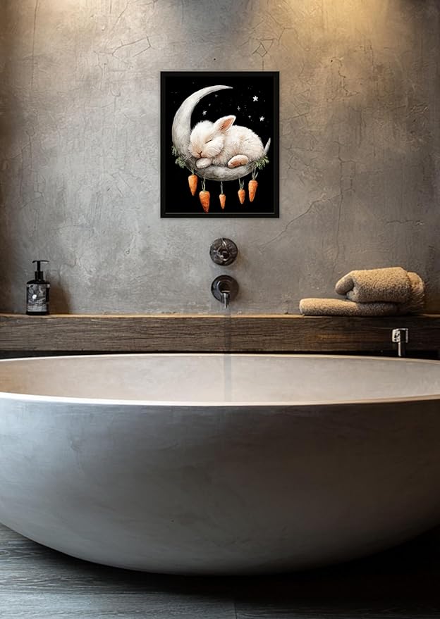 Funny Animal Black And White Wall Art Print Rabbit On The Moon Cute Poster Canvas Art Wall Decor Picture For Bedroom Dorm living room Bathroom Wall Decor Aesthetic Home Artwork 16" × 20" With Framed