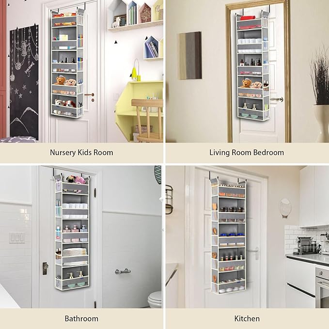 Over The Door Organizer 5-Shelves and 10 Side Pockets, Over The Door Storage for Bathroom Bedroom Nursery, Hanging Door Organizer for Baby Diapers and Kids Toys (13"x5"x44", Grey)