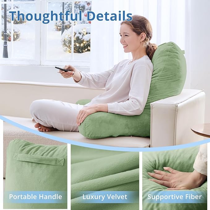 Sasttie 25-inch Reading Pillows for Sitting in Bed Adult, Jumbo Velvet Back Pillow Bed Sitting Up, XL High Back-Rest Support Cushion for Sit Up on Couch & Floor, Oeko-Tex Certified, Sage Green