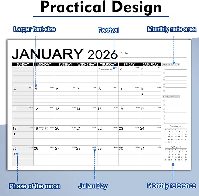 Desk Calendar 2026, Anti Ink Bleed, Transparent Cover, 2026 Desk Calendars 18 Months with Stickers, 17" x 12" Large Desktop Calendar 2026-2027 for Family, Office, Student, Teacher Supplies- Simple