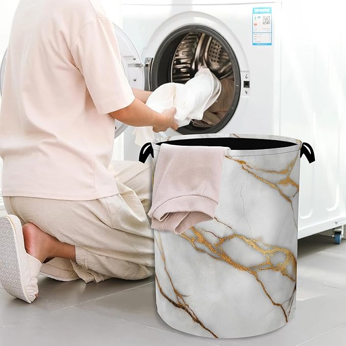 White Gold Marble Laundry Basket,Oxford Cloth Laundry Hamper with Handle Foldable Portable Clothes Storage Basket for Bathroom Bedroom Dorm Room 16" x 20.8"