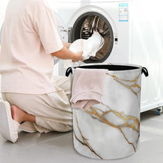 White Gold Marble Laundry Basket,Oxford Cloth Laundry Hamper with Handle Foldable Portable Clothes Storage Basket for Bathroom Bedroom Dorm Room 16