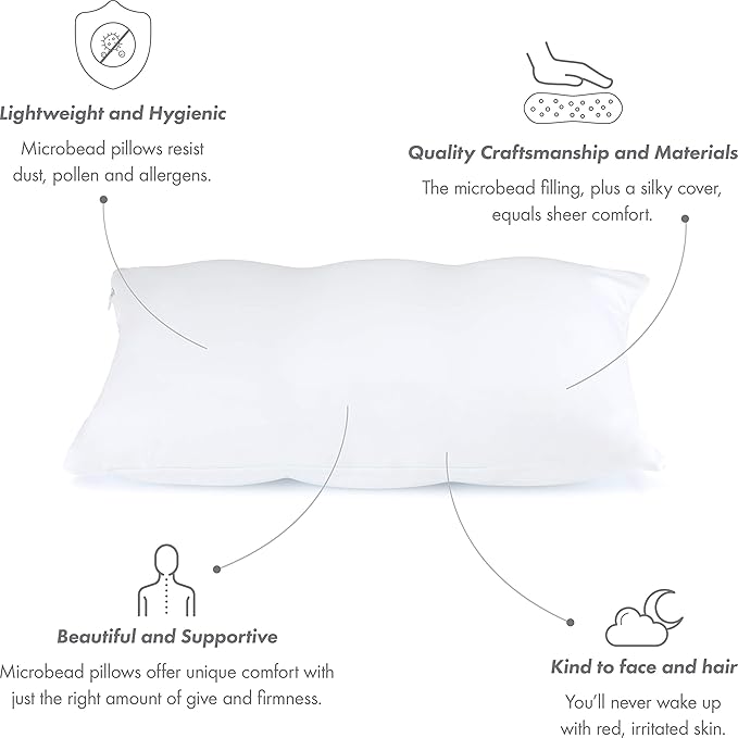PILLOWY Premium Microbead Bed Pillow, Small Extra Fluffy But Supportive - Ultra Comfortable Sleep with Silk Like Anti Aging Cover 85% Spandex/ 15% Nylon Breathable, Cooling White