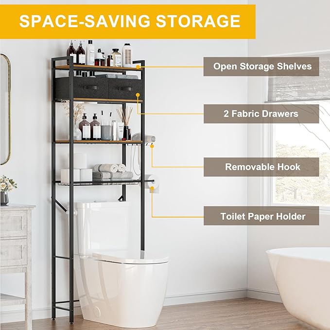 Over Toilet Bathroom Organizer with 2 Storage Cubes, 4-Tier Adjustable Metal Toilet Storage Shelves for Towels, Toilet Paper, Toiletries, Easy Assembly Freestanding Small Space Saver