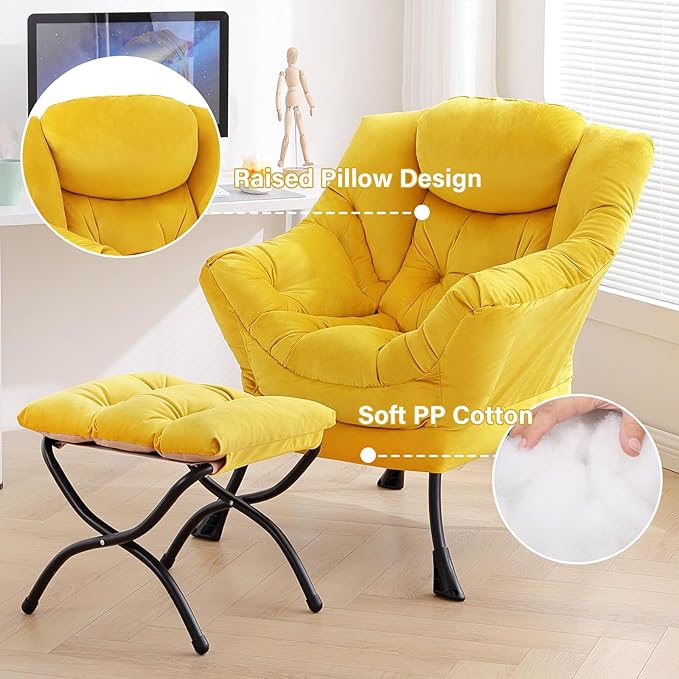 Tiita Lazy Chair with Ottoman, Modern Large Accent Lounge Armchair, Comfy Leisure Sofa Reading Chair with Footrest for Bedroom, Living Room, Dorm Rooms, Garden and Courtyard, Velvet Yellow